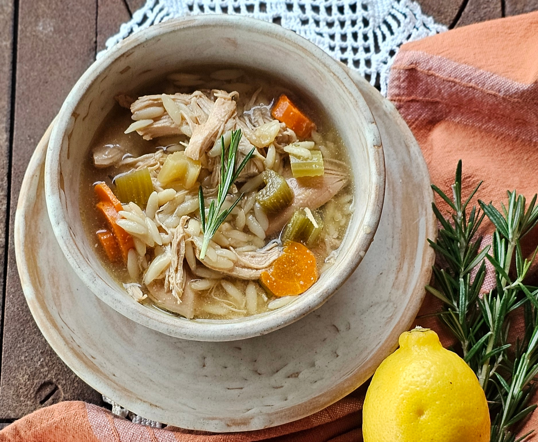 Rosemary, Lemon, and Chicken Orzo Soup in Slow Cooker